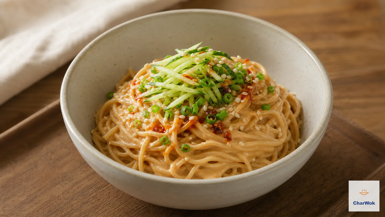 Chinese sesame noodles with every chilled strand coated in glossy roasted sesame sauce, cucumber and chili