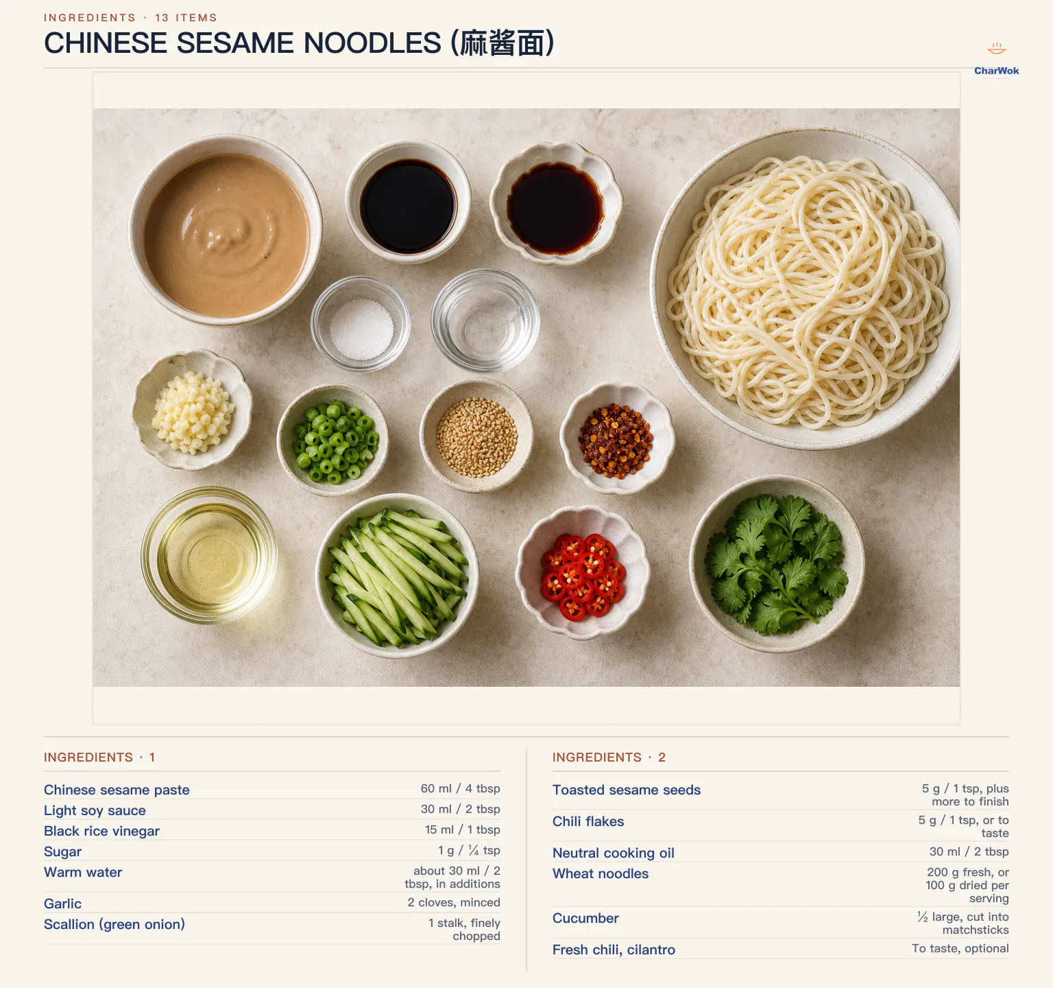 Ingredients for Chinese Sesame Noodles (麻酱面), arranged in a top-down flat lay