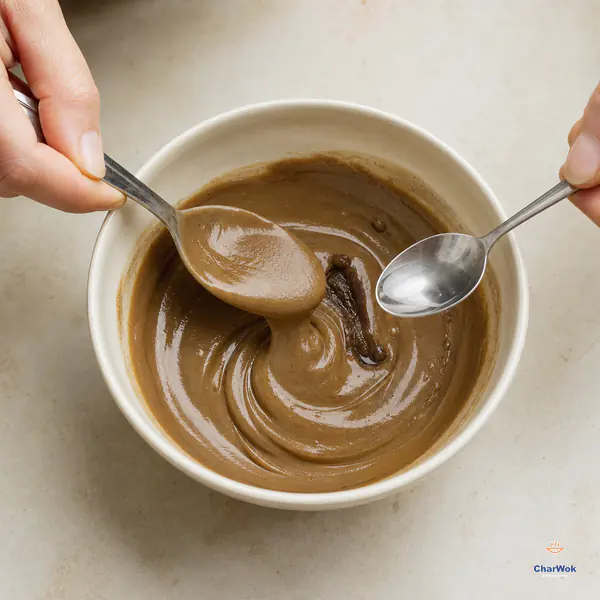 A spoon lifts smooth roasted sesame paste in a continuous glossy ribbon while a clean teaspoon waits beside the bowl