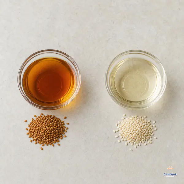 Two identical glass bowls compare deep amber toasted sesame oil with brown toasted seeds and pale untoasted oil with ivory raw seeds