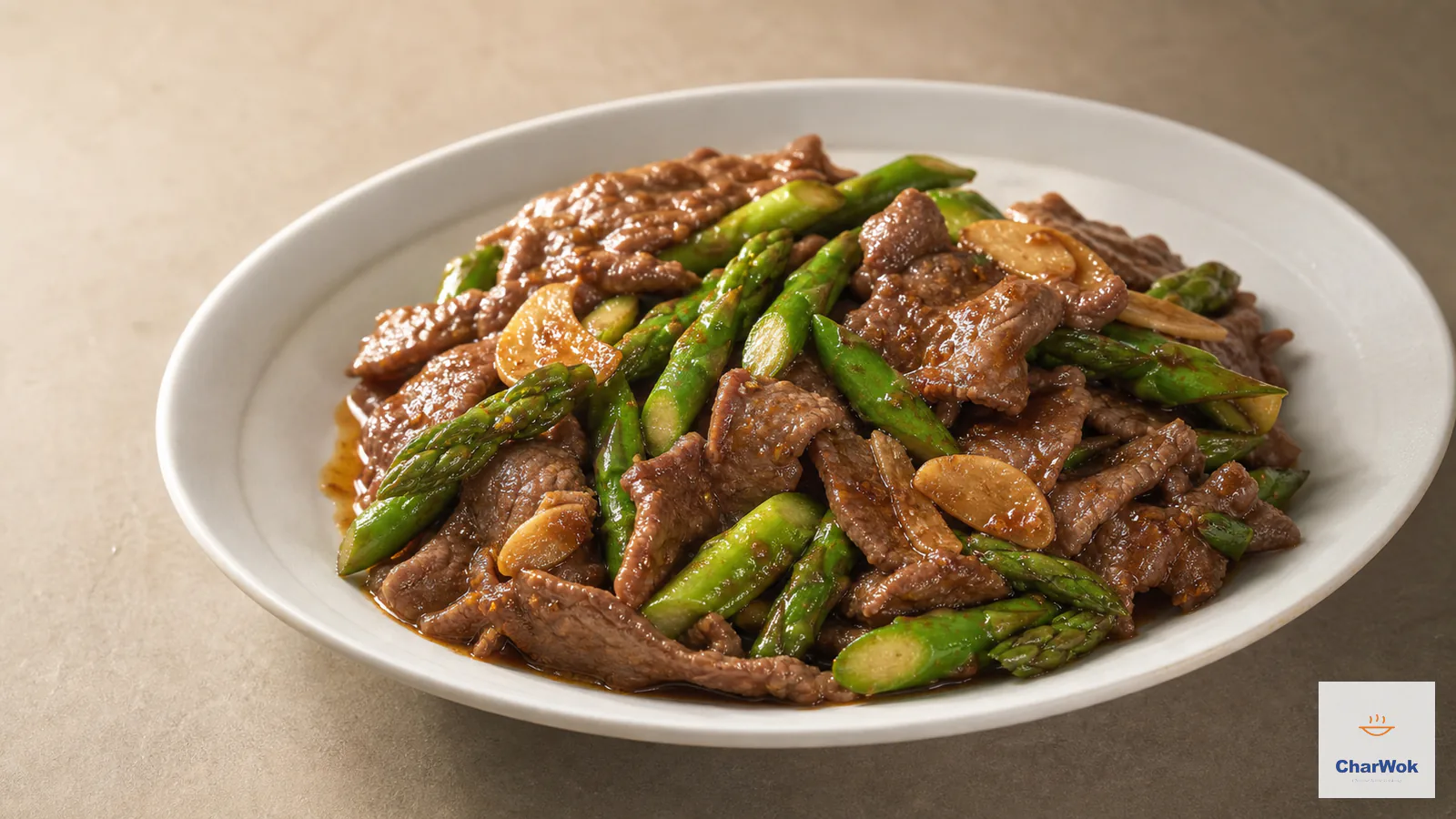 Sha cha beef with tender browned slices, crisp green asparagus and a glossy savoury barbecue sauce