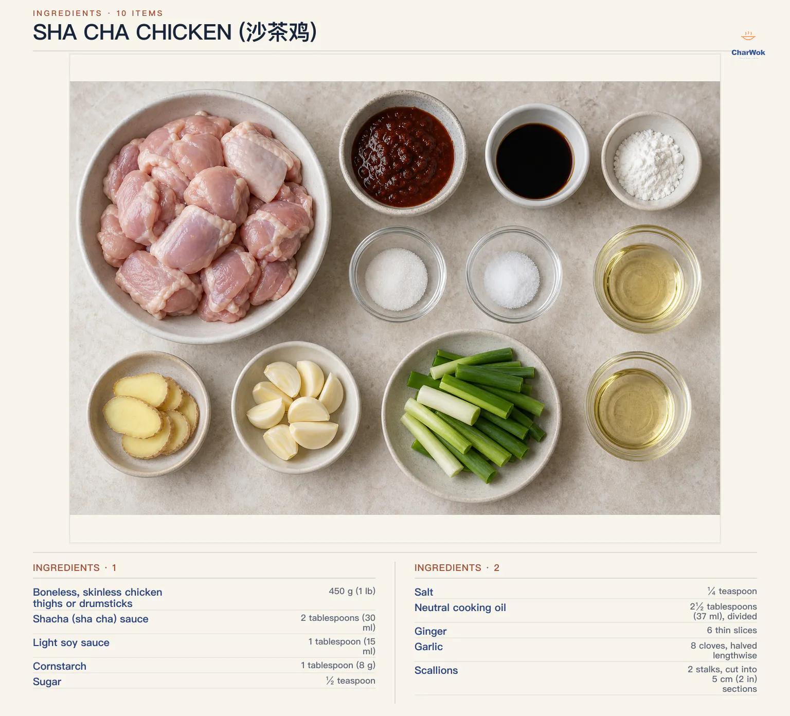 Ingredients for Sha Cha Chicken (沙茶鸡), arranged in a top-down flat lay