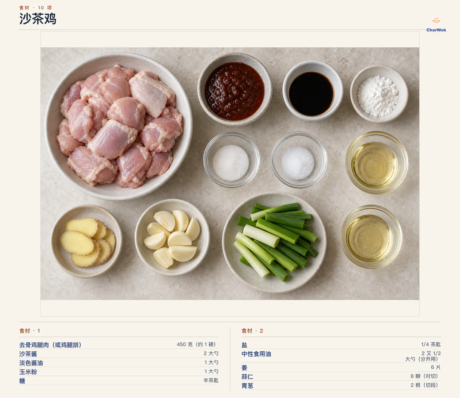沙茶鸡完整食材俯拍平铺图