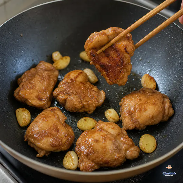 Chopsticks lift one sha cha chicken piece that has released naturally to reveal a deep-golden underside while the uncrowded pieces remain in one skillet layer