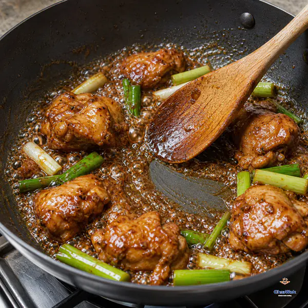 Sha cha chicken and scallion bubble uncovered in glossy reduced sauce while a wooden spoon exposes a clean path across the pan bottom