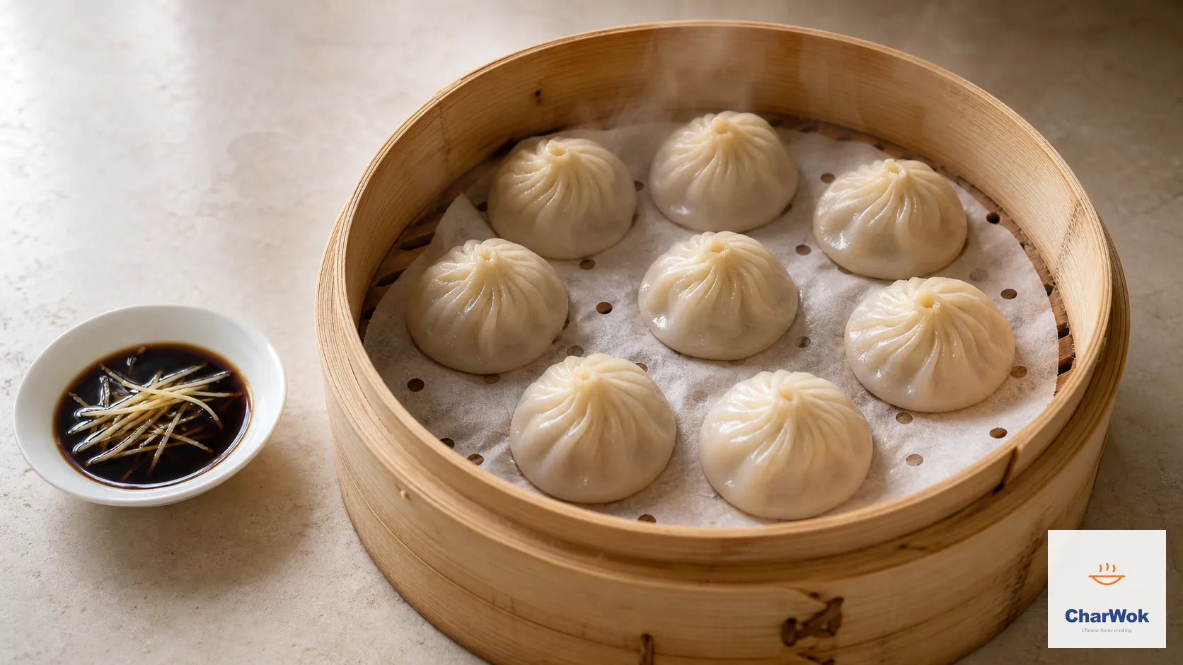 Shanghai xiao long bao with thin translucent wrappers and fine sealed pleats, freshly steamed on perforated parchment in a bamboo basket beside black rice vinegar and julienned ginger