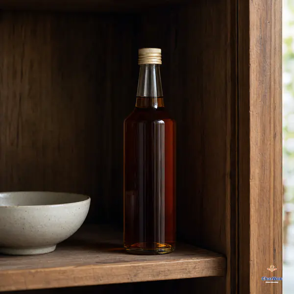 A tightly capped plain bottle of clear amber rice wine stands upright at the shaded back of a wooden pantry shelf
