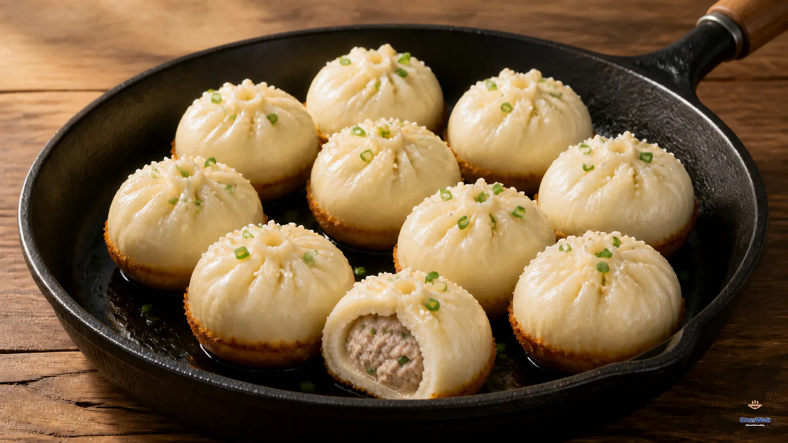 Pan-fried pork buns with pale pleated tops, white sesame and scallion, crisp deep-golden bottoms and a fully cooked juicy pork center