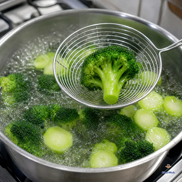 A wire spider lifts one bright-green broccoli floret with a firm pale stem from vigorously boiling water containing florets and peeled stalk coins