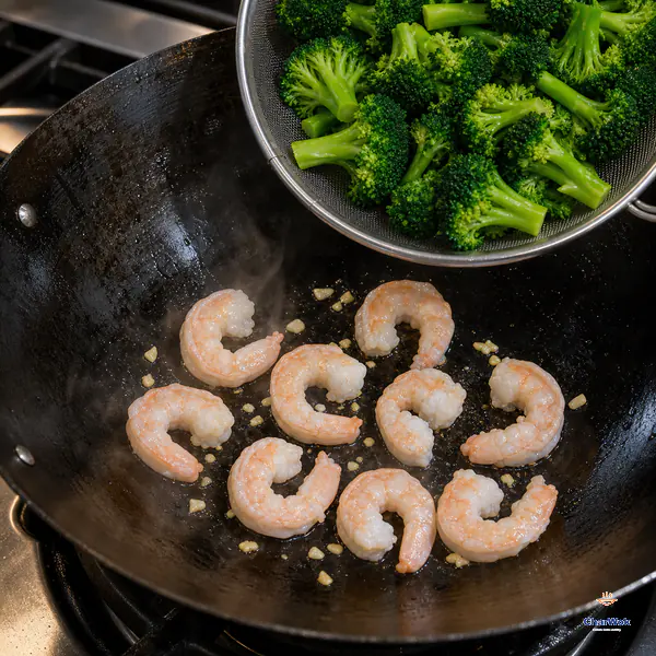 Fully peeled butterflied shrimp form relaxed open curves with pink edges and slightly translucent centres as drained broccoli waits above the hot wok