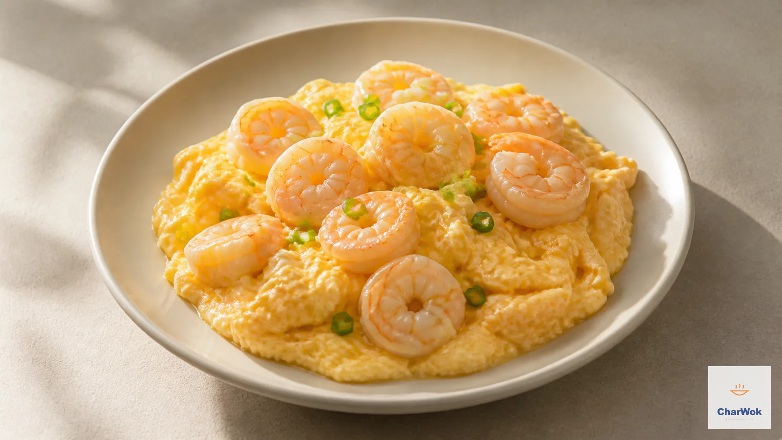 Cantonese shrimp and egg stir-fry with plump pink shrimp held in large glossy folds of soft yellow egg and scallion