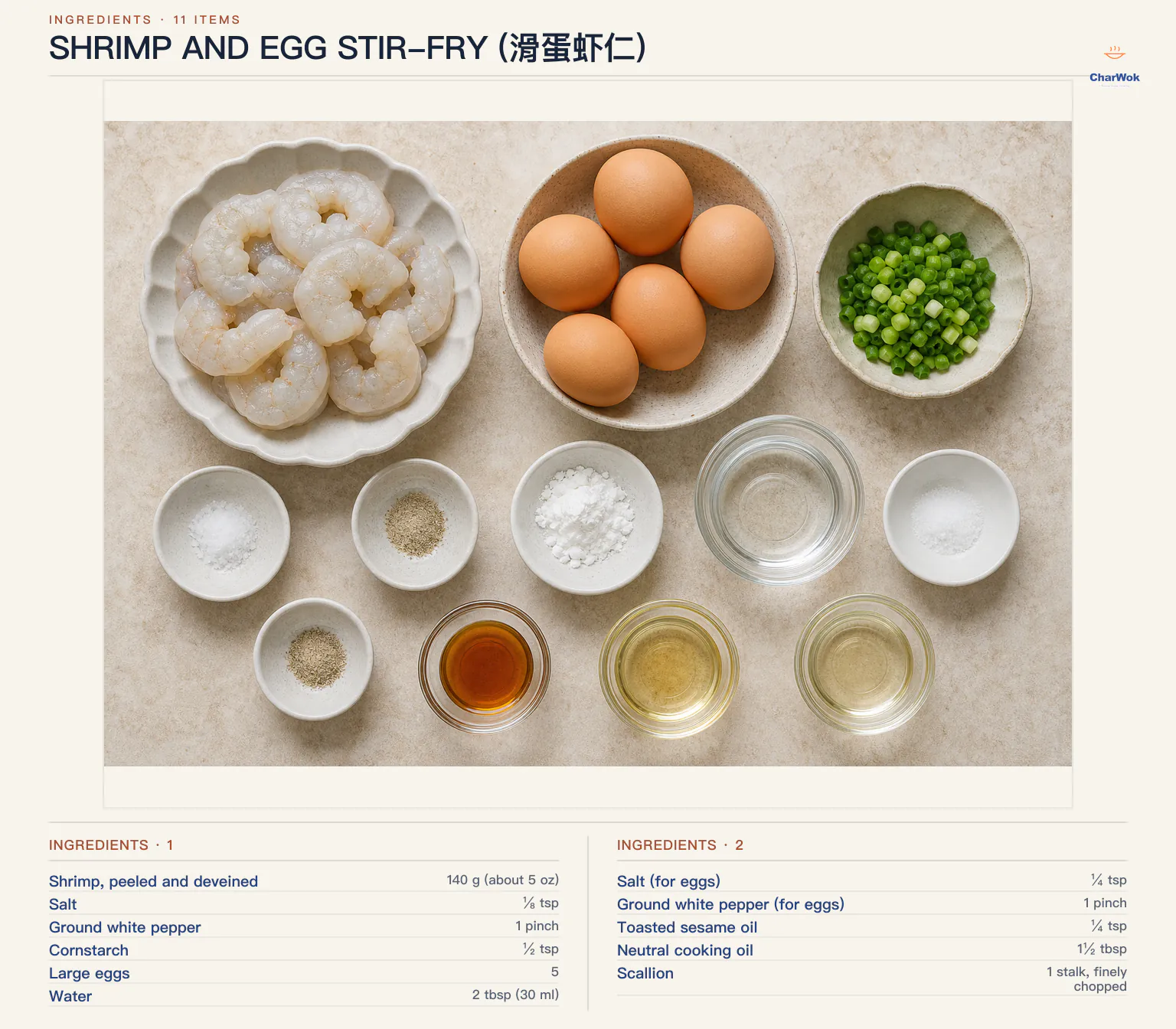Ingredients for Shrimp and Egg Stir-Fry (滑蛋虾仁), arranged in a top-down flat lay