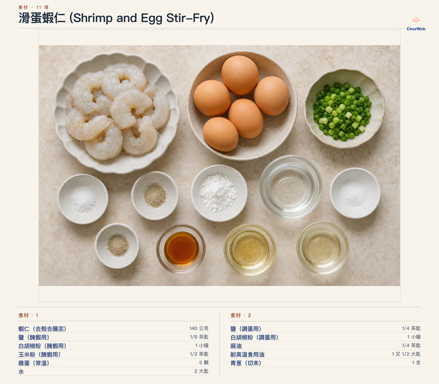 滑蛋蝦仁 (Shrimp and Egg Stir-Fry)完整食材俯拍平鋪圖