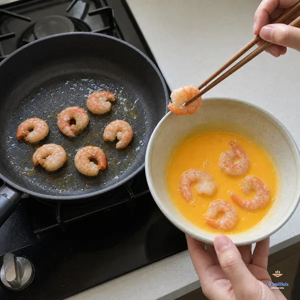 Chopsticks transfer just-pink shrimp from a nonstick pan into a bowl of smooth beaten egg while the flavoured oil remains in the pan