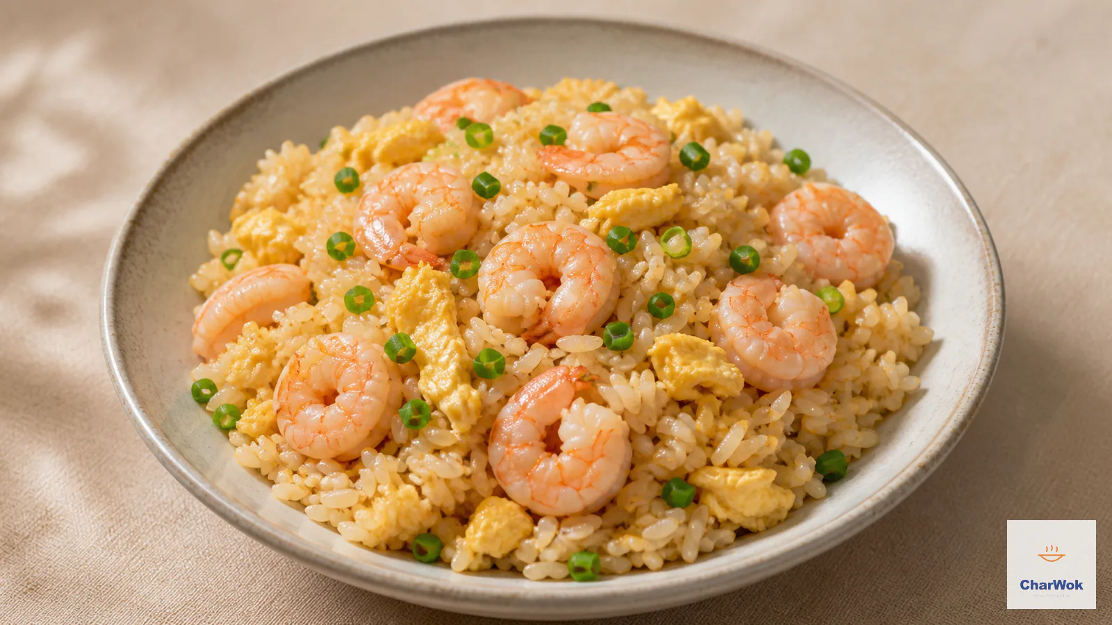 Shrimp fried rice with separate glossy grains, plump pink shrimp, soft egg curds and fresh scallion