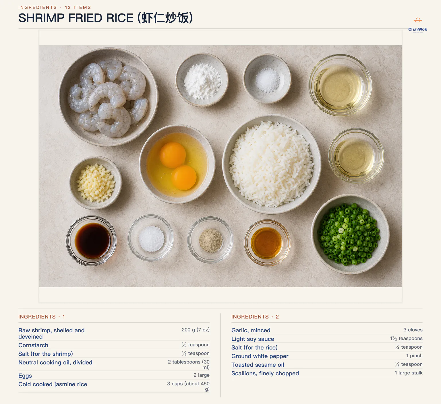 Ingredients for Shrimp Fried Rice (虾仁炒饭), arranged in a top-down flat lay