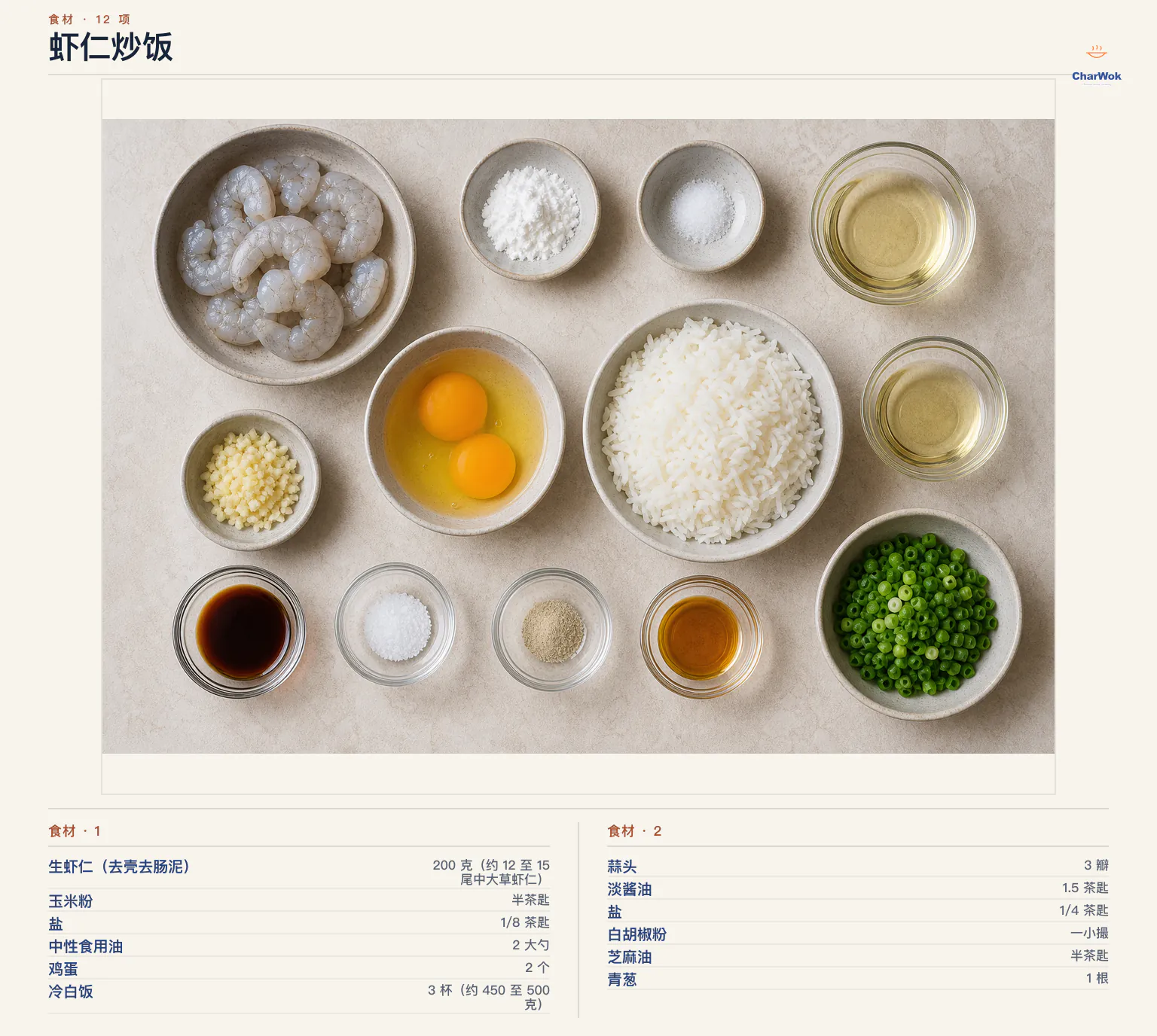 虾仁炒饭完整食材俯拍平铺图