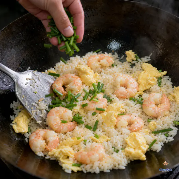 Plump pink shrimp and soft pale egg curds are folded through separate rice grains while fresh scallion greens fall into the hot wok