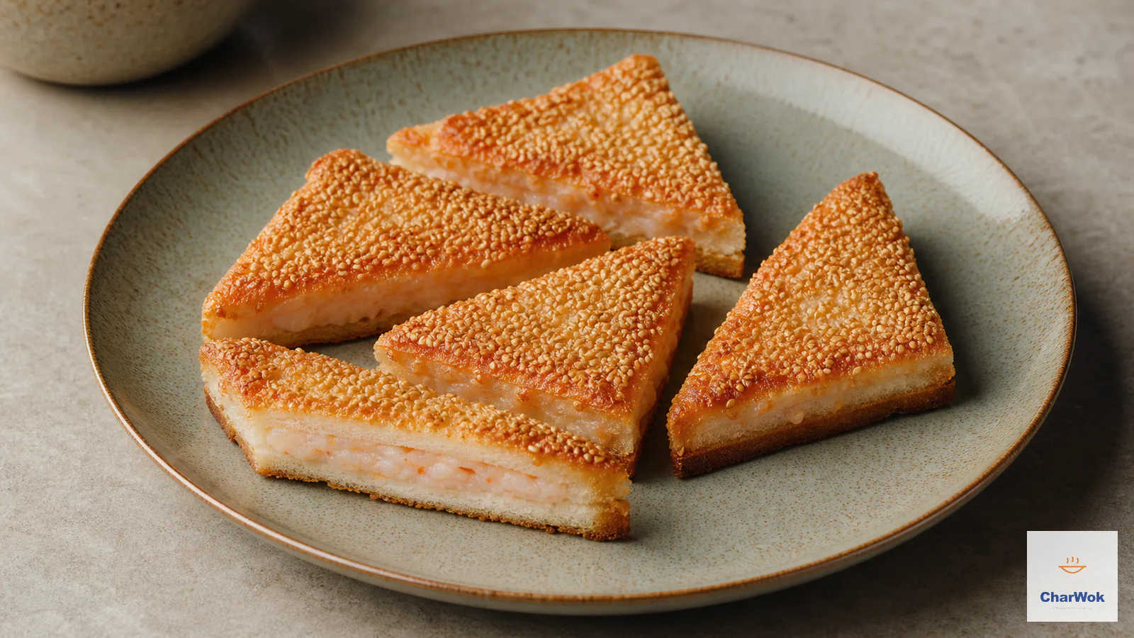 Golden triangular shrimp toast with an embedded sesame crust, crisp bread and a springy shrimp filling