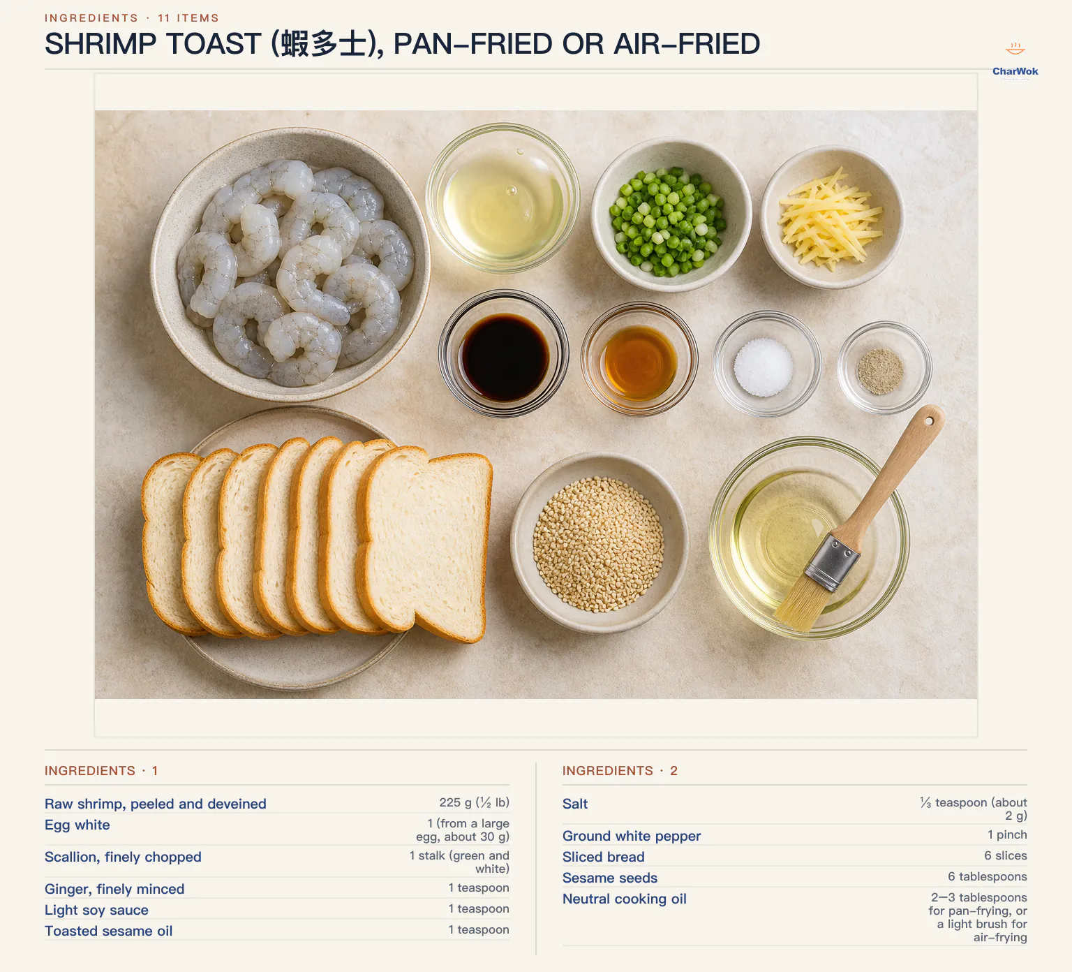 Ingredients for Shrimp Toast (蝦多士), Pan-fried or Air-fried, arranged in a top-down flat lay