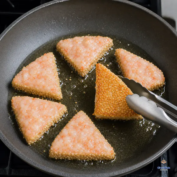 Six triangular shrimp toasts shallow-fry uncrowded while tongs flip one to reveal a deep-golden sesame crust embedded in the shrimp paste