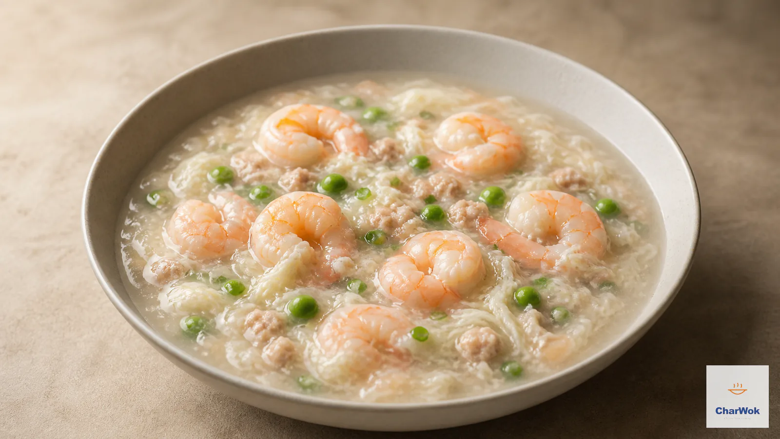 Shrimp with lobster sauce featuring plump shrimp, peas, browned pork and silky egg-white ribbons in a pale glossy gravy