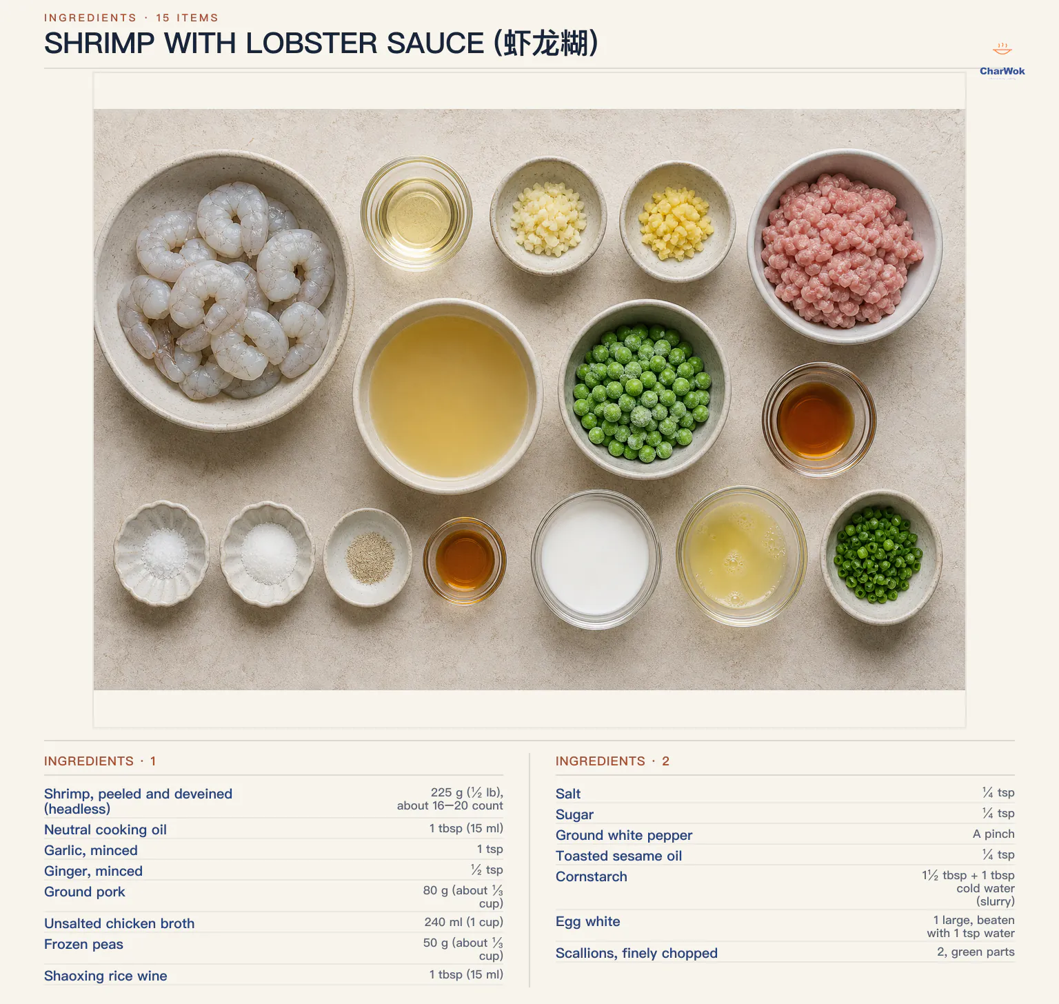 Ingredients for Shrimp with Lobster Sauce (虾龙糊), arranged in a top-down flat lay