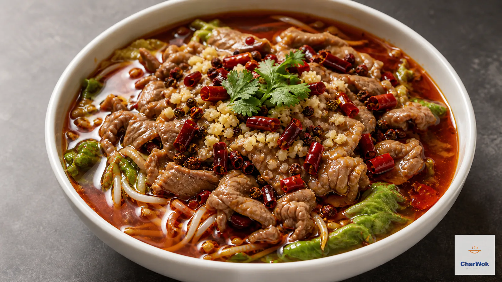 Sichuan boiled beef with tender thin slices, red broth, garlic, dried chillies and Sichuan peppercorn over crisp greens