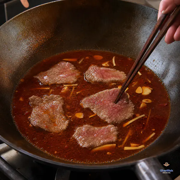 Five thin beef slices poach separately in nearly still red broth while chopsticks lower one slice and faint pink centres remain