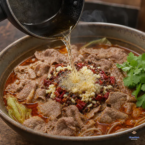 A narrow stream of clear hot oil hits minced garlic, chopped dried chilli and Sichuan peppercorn at the centre of the beef bowl