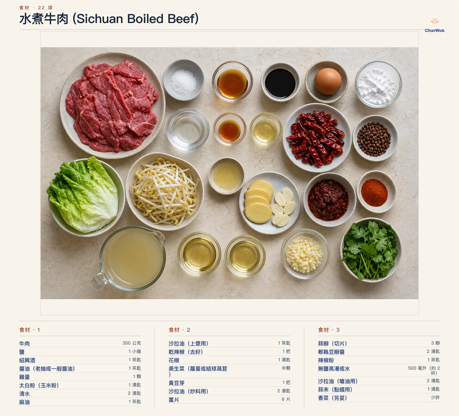 水煮牛肉 (Sichuan Boiled Beef)完整食材俯拍平鋪圖