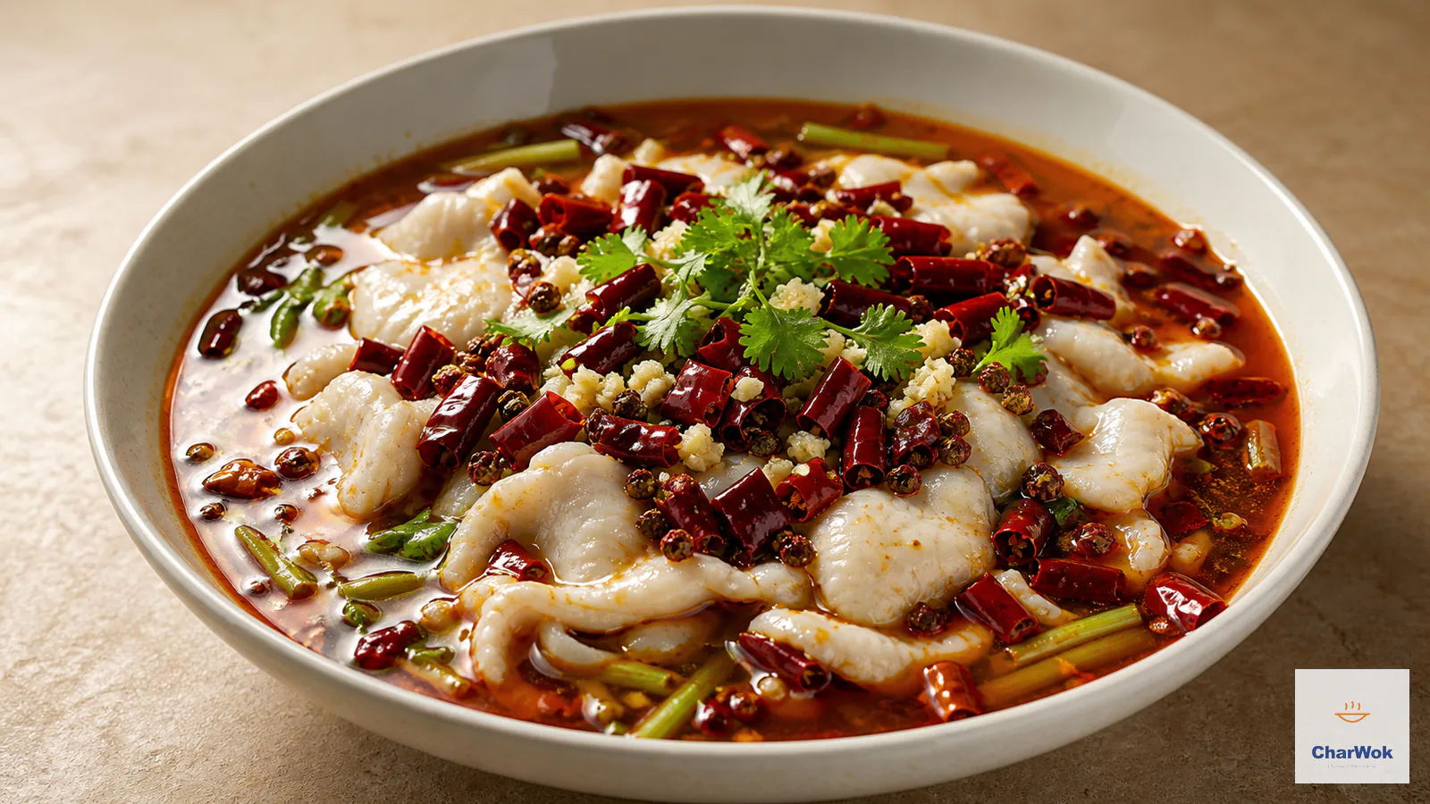 Sichuan boiled fish with intact white fillet slices, red broth, dried chillies, Sichuan peppercorn and coriander over celery