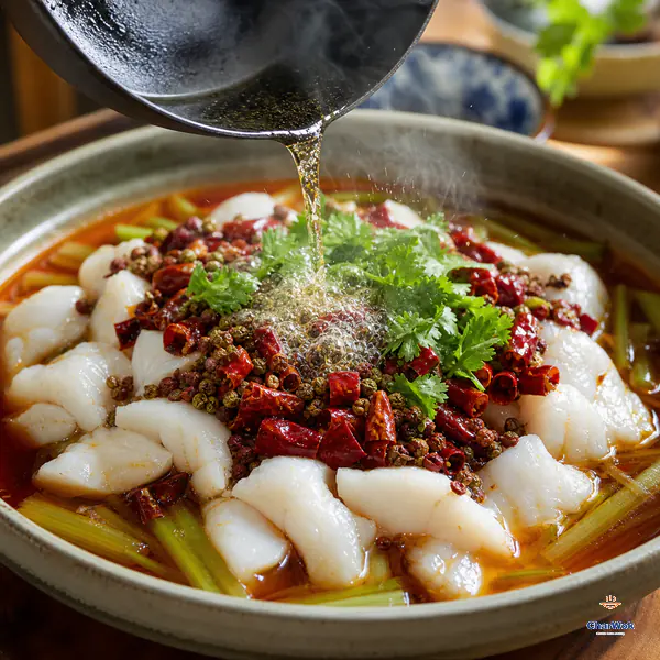 Clear hot oil pours onto chopped dried chilli and Sichuan peppercorn above intact white fish slices and crisp celery