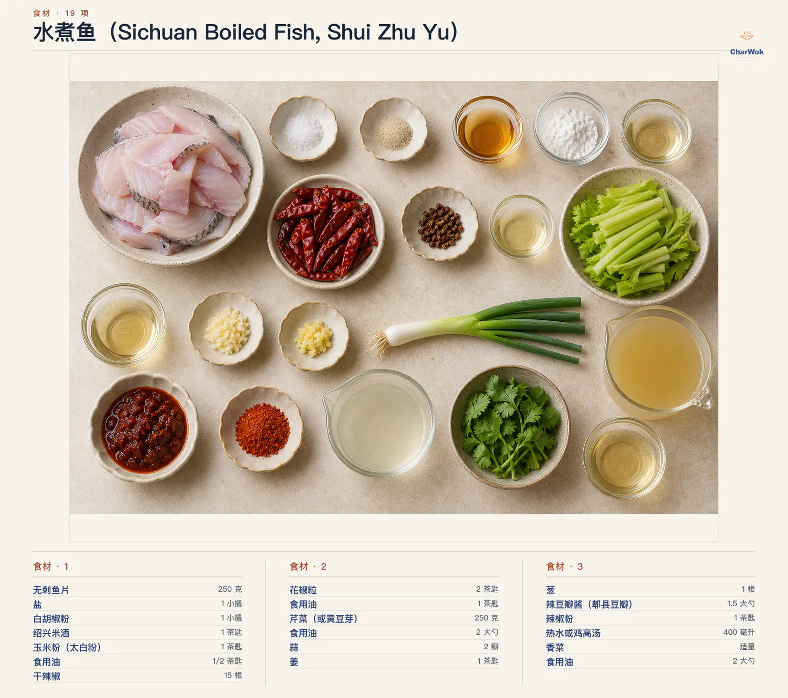水煮鱼(Sichuan Boiled Fish, Shui Zhu Yu)完整食材俯拍平铺图
