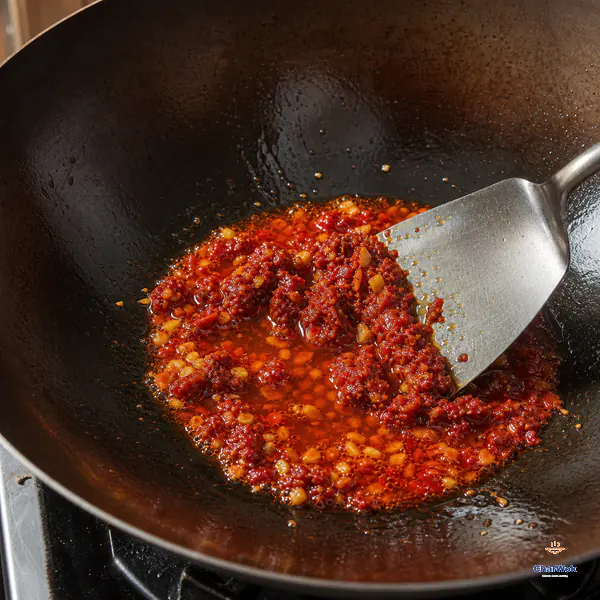 A metal spatula presses chopped Pixian doubanjiang in warm oil while a clear brilliant orange-red pool releases around the paste