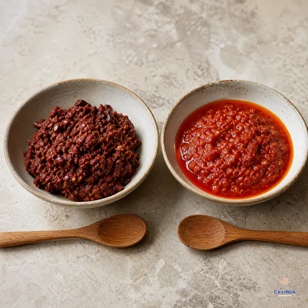 Dense dark brick-red regular aged Pixian paste sits beside looser bright-orange red-oil doubanjiang with a visible oil ring