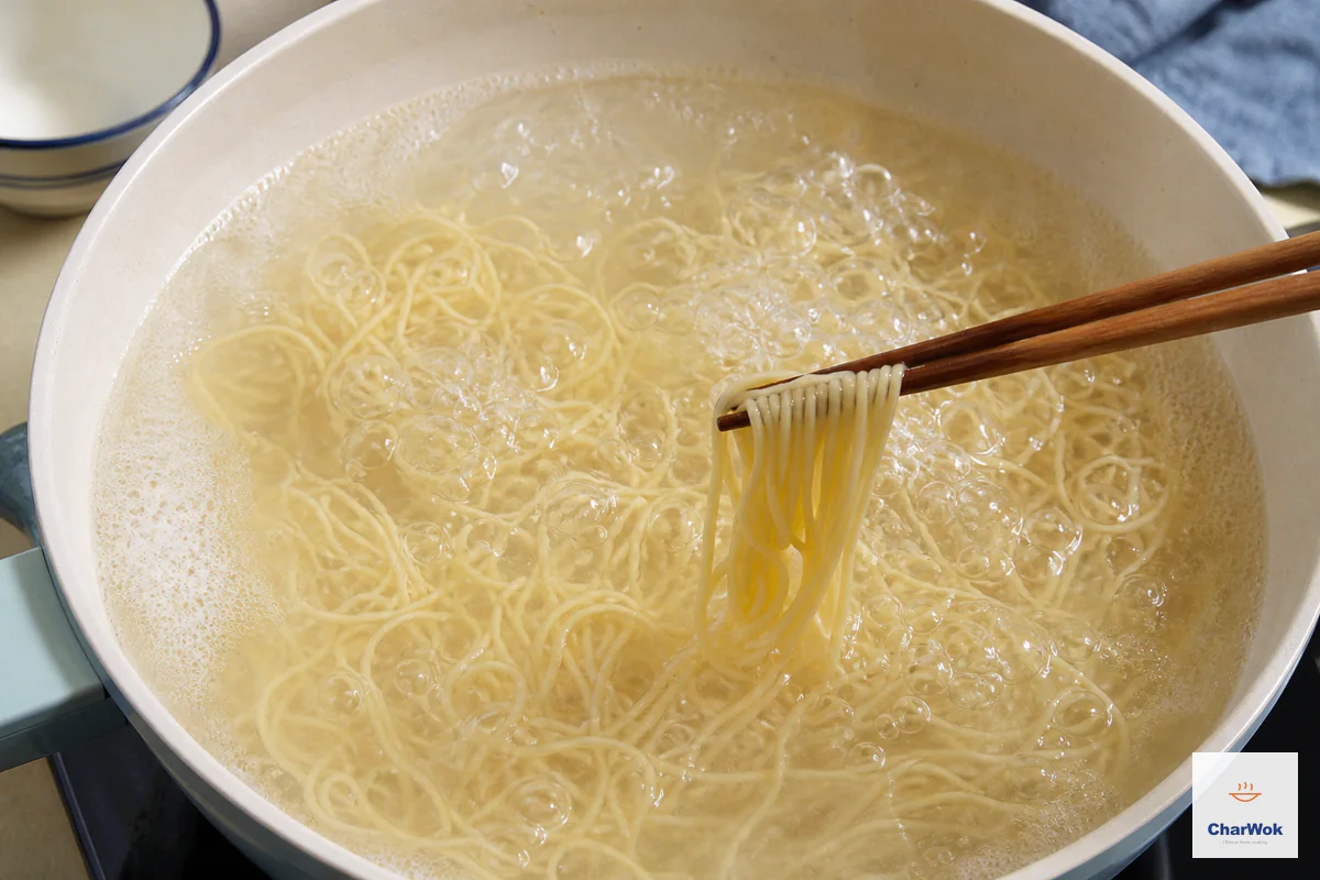 Thin round yellow wheat noodles separate in abundant rolling-boil water while chopsticks lift springy strands just under al dente