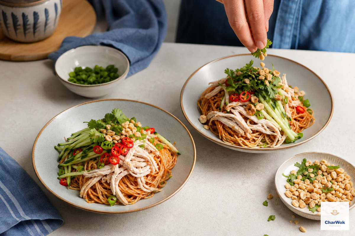 Exactly two bowls of reddish Sichuan cold noodles with chicken and cucumber are finished at the last moment with cilantro and chopped toasted peanuts