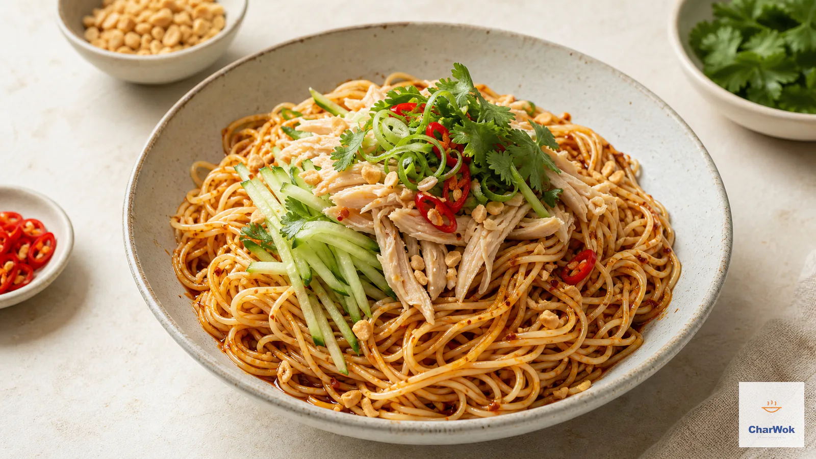 Sichuan cold noodles with shredded chicken, cucumber and peanuts