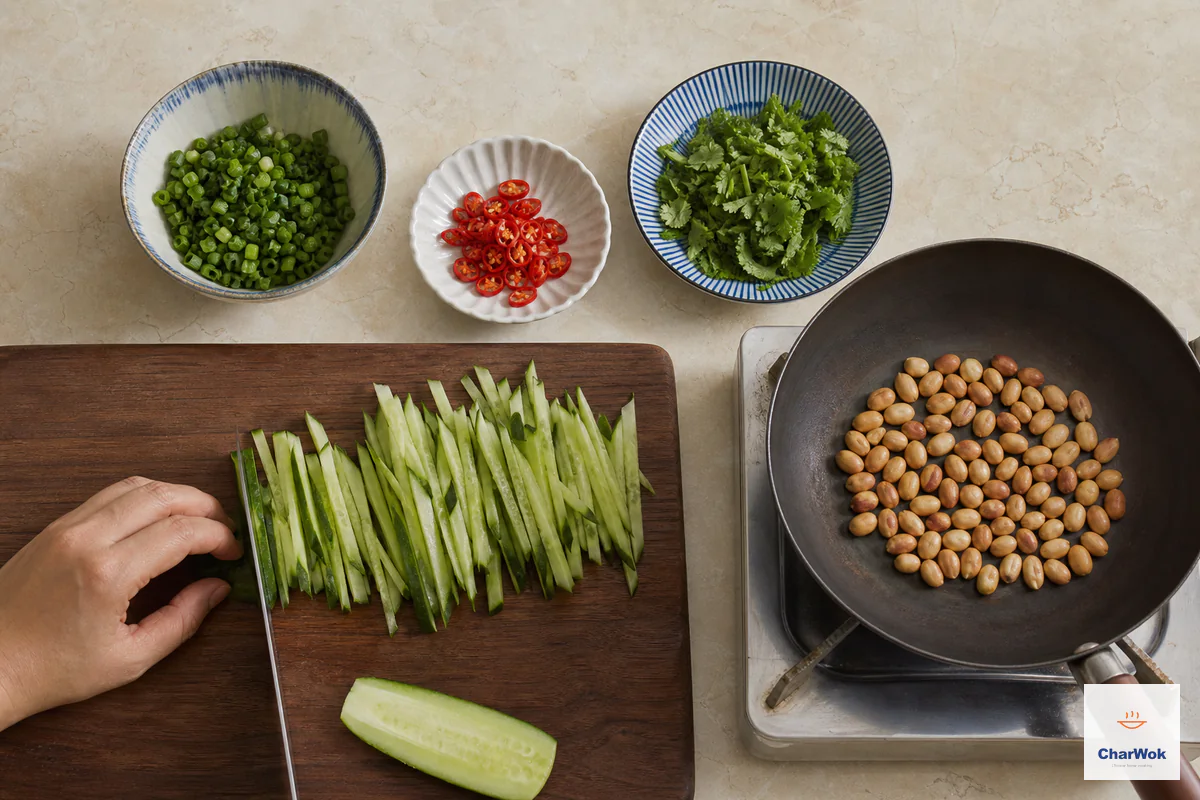 Cucumber is cut into even matchsticks beside chopped scallion greens, red chili rings and cilantro while peanuts toast pale gold in a dry skillet
