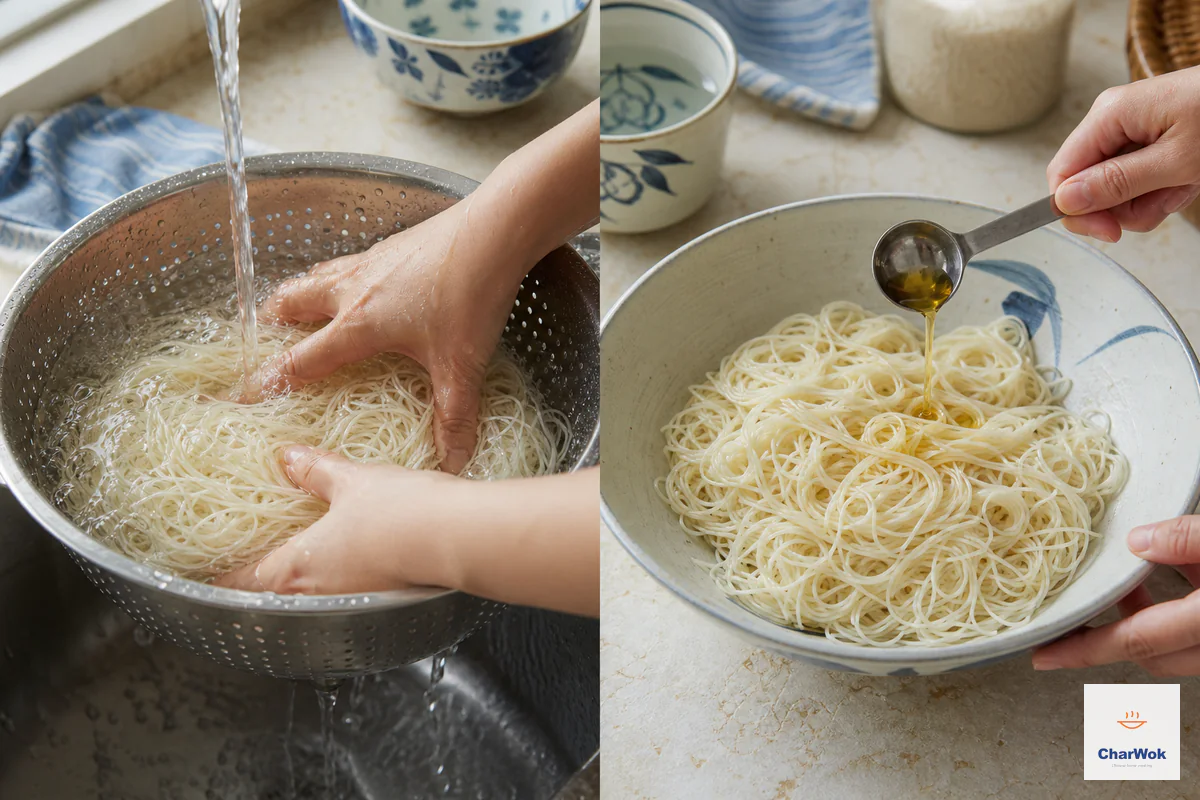 Two panels show thin noodles agitated under cold running water and then loose drained strands tossed with a spoonful of toasted sesame oil