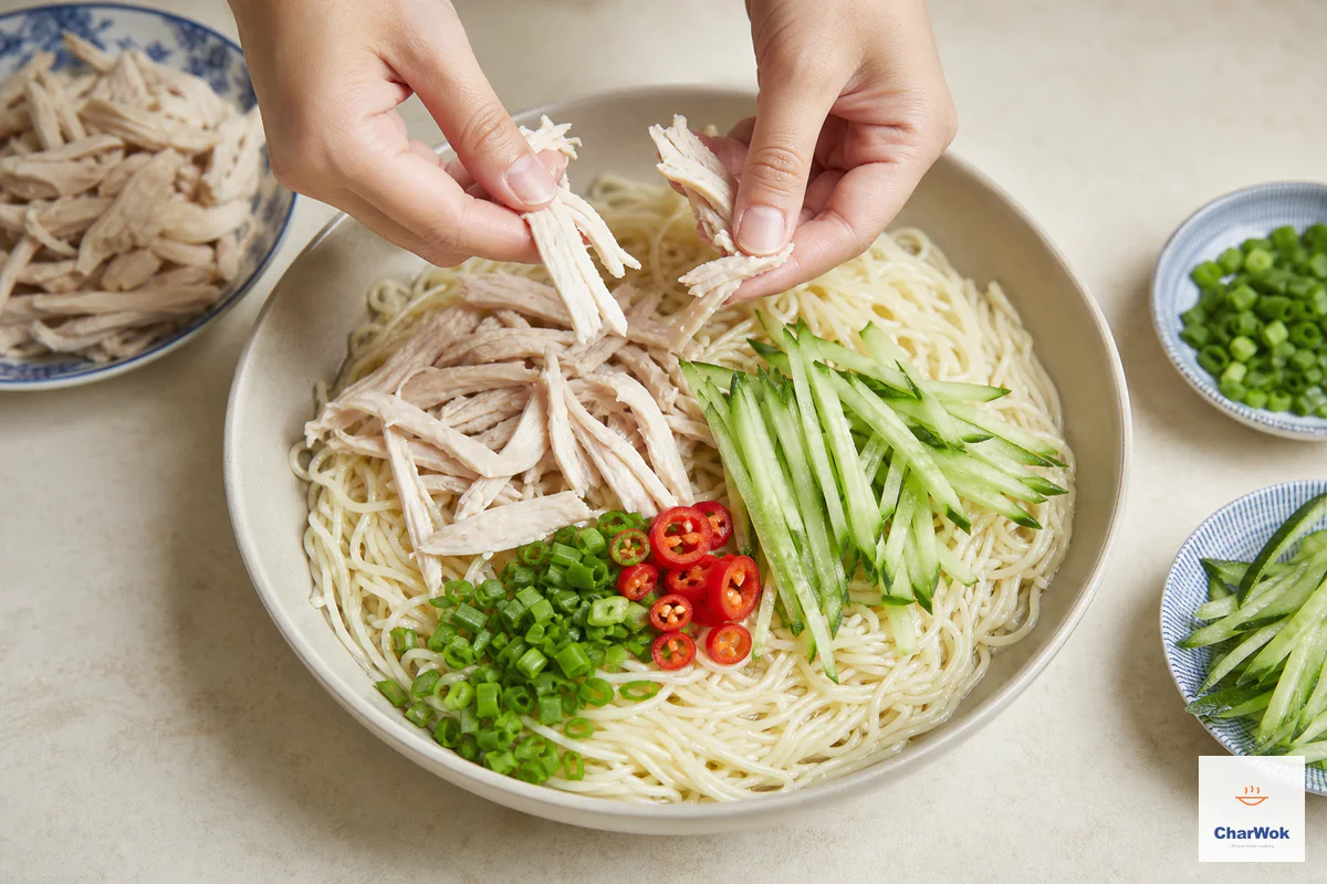 Clean hands tear cooled pale chicken thigh along the grain over plain oiled noodles with cucumber matchsticks, scallion greens and red chili rings