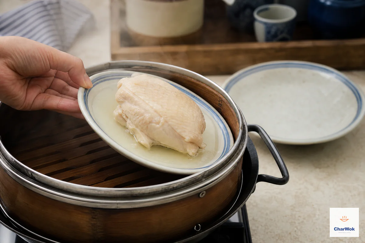A pale plump boneless skinless chicken thigh rests in clear juices on a plate being lifted from a steamer toward a cooling plate