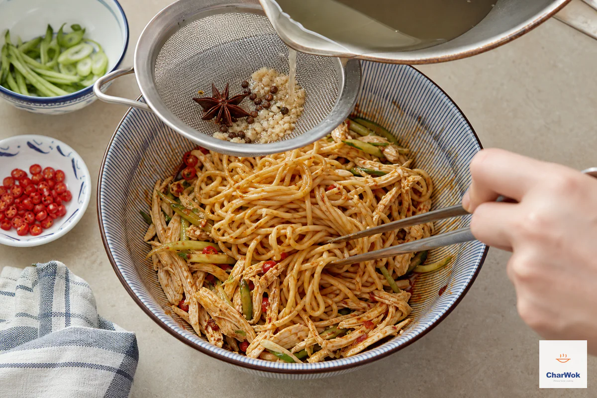 A fine sieve catches garlic, Sichuan peppercorns and star anise while infused water enters noodles being tossed in a thin glossy red dressing