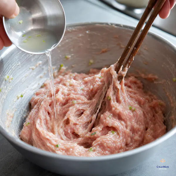 A final thin stream of aromatic water enters glossy raw pork filling that clings to chopsticks in several tacky strands