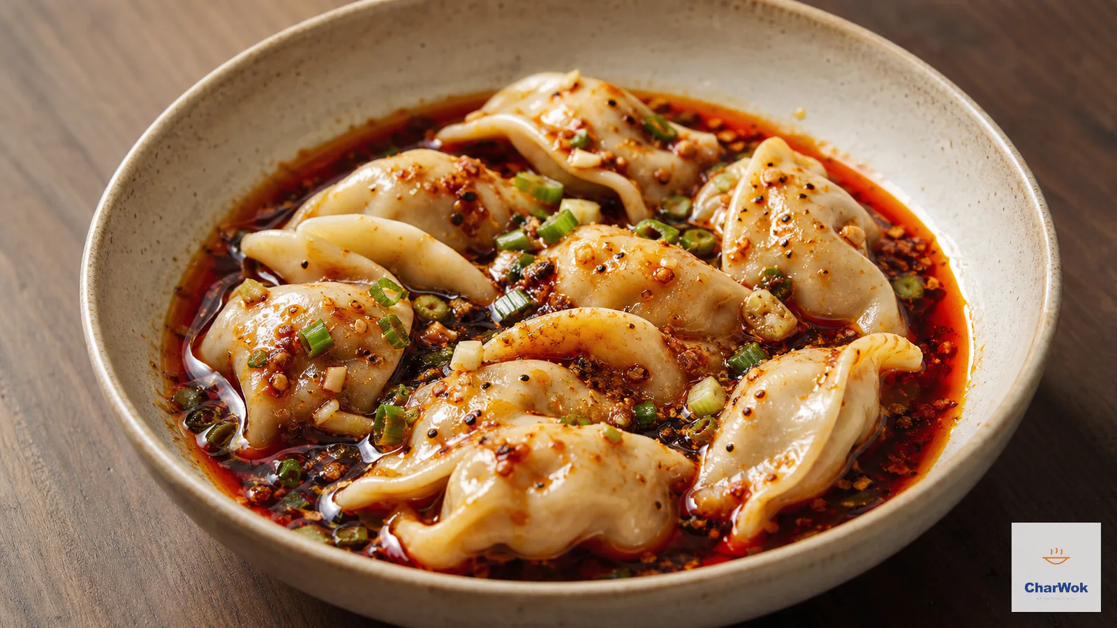 Sichuan Zhong dumplings coated with sweet aromatic soy sauce, red chilli oil and minced garlic