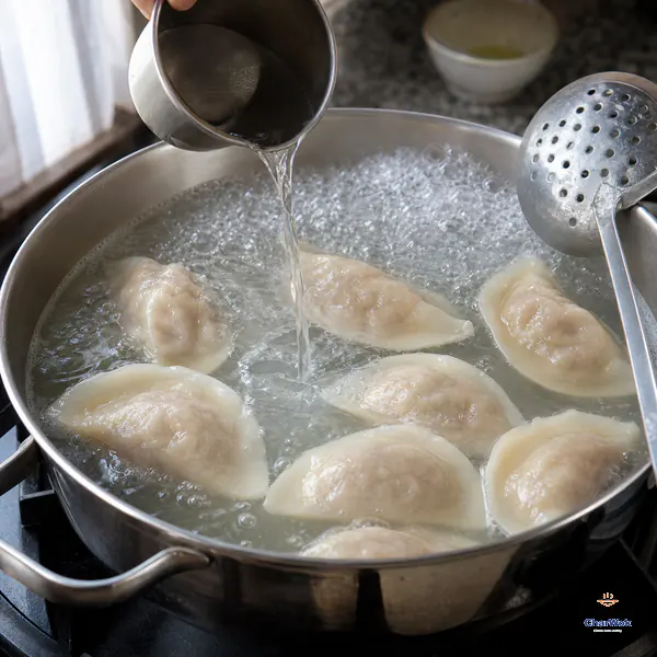 Cold water pours into a wide boiling pot while eight intact half-moon dumplings float puffed and the surface below the stream calms