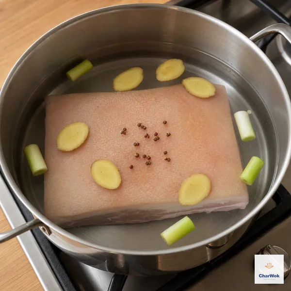 One skin-on pork belly slab lies fully under still cold water with six ginger slices, scallion sections, and Sichuan peppercorns in an unlit saucepan