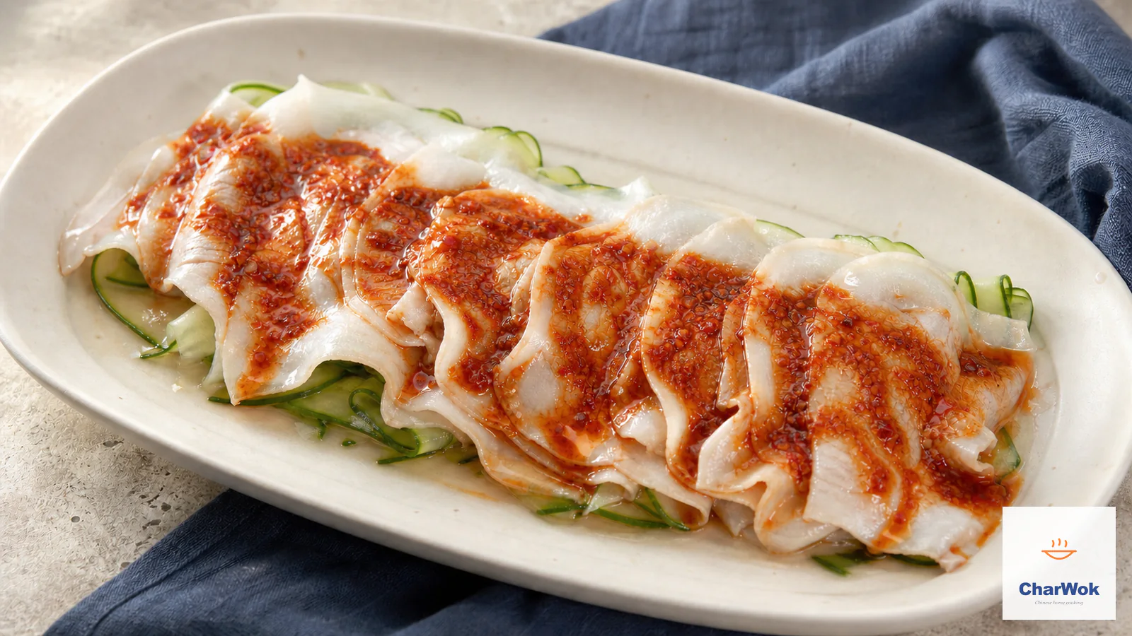 Paper-thin pale Sichuan pork belly slices with soft skin and translucent fat, layered over cucumber ribbons and coated in brick-red garlic chili dressing