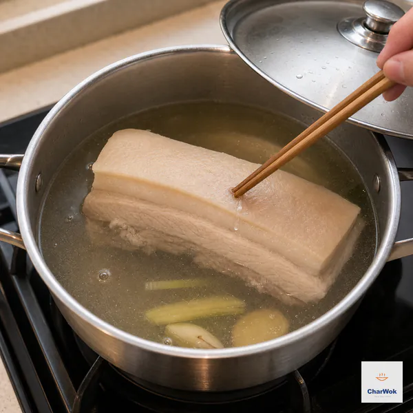 Wooden chopsticks probe the thickest part of a pale cooked pork belly slab in liquid showing only a few lazy bubbles
